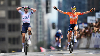 Collage of Brandon McNulty and Demi Vollering both crossing the line to win World Championships 2026
