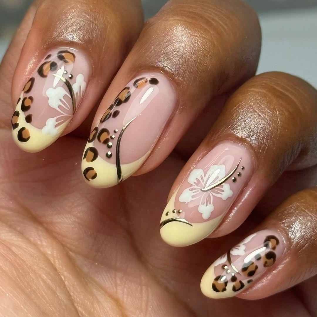 leopard nails with yellow tips