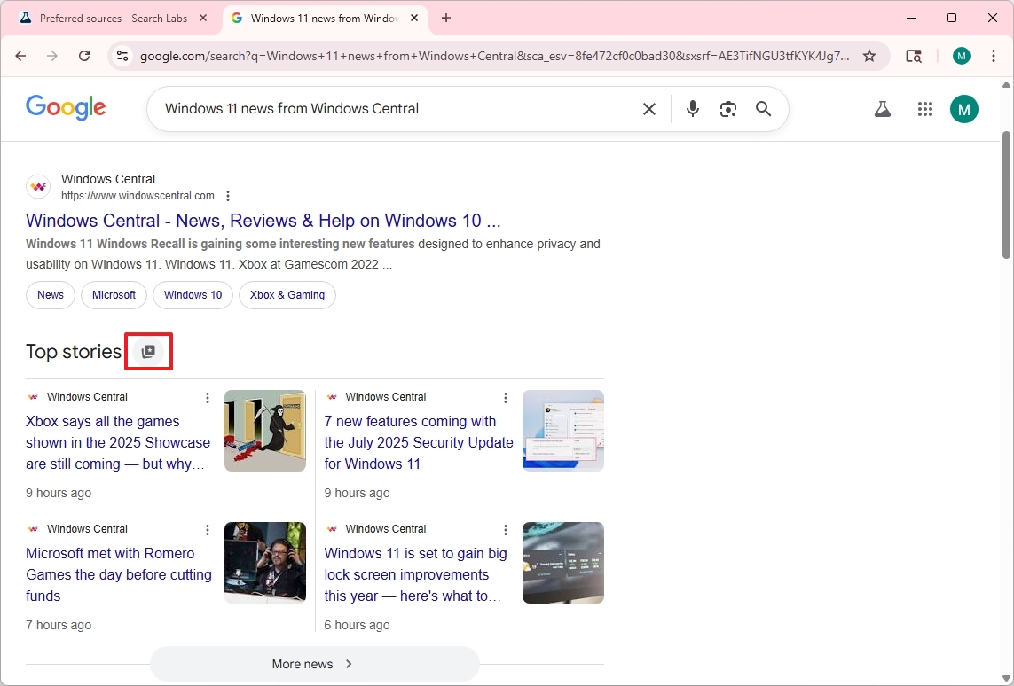 Google Search Top Stories Preferred sources option