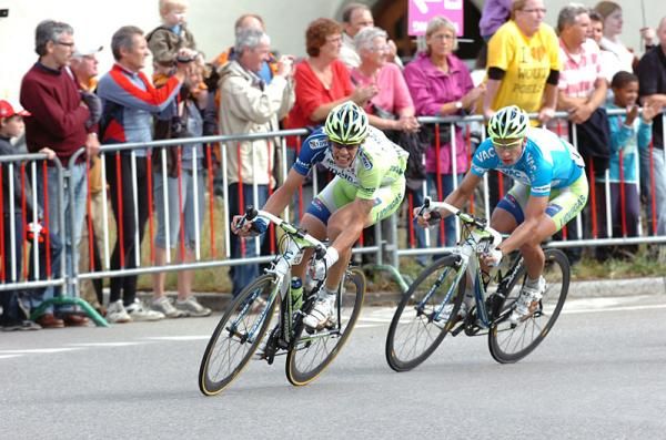 Daniel Oss leads his Liquigas-Cannondale teammate Peter Sagan through the final turn.