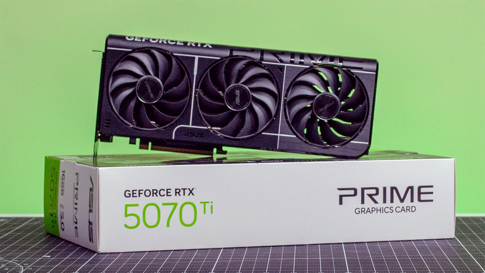 The Nvidia GeForce RTX 5070 Ti sitting on its retail packaging