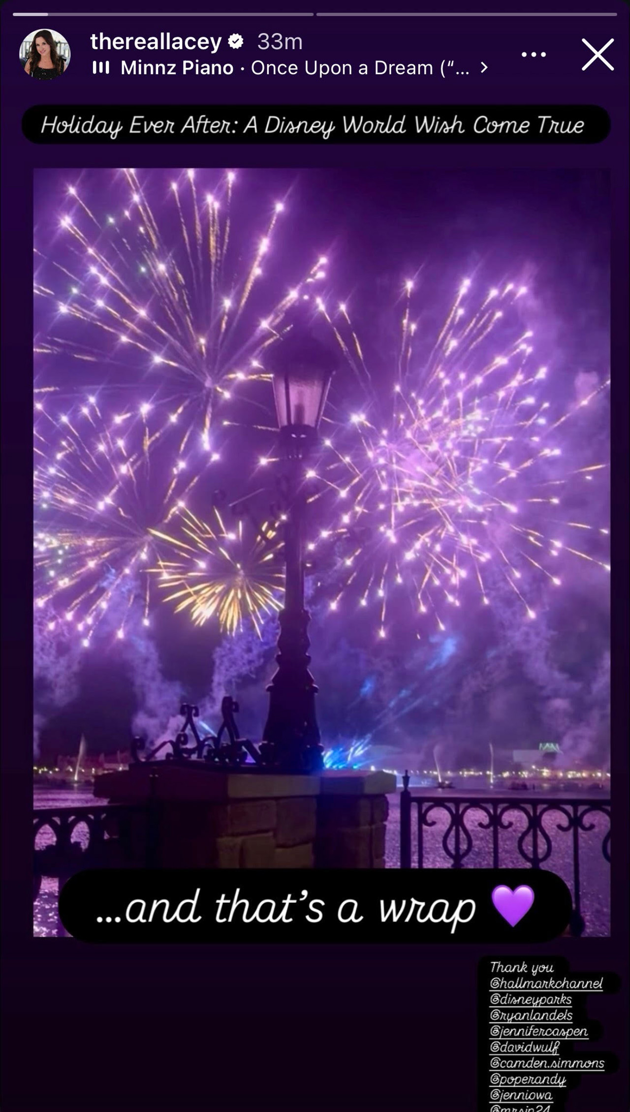 Lacey Chabert shares purple fireworks from the last night filming her 2026 holiday movie Holiday Ever After: A Disney World Wish Come True.