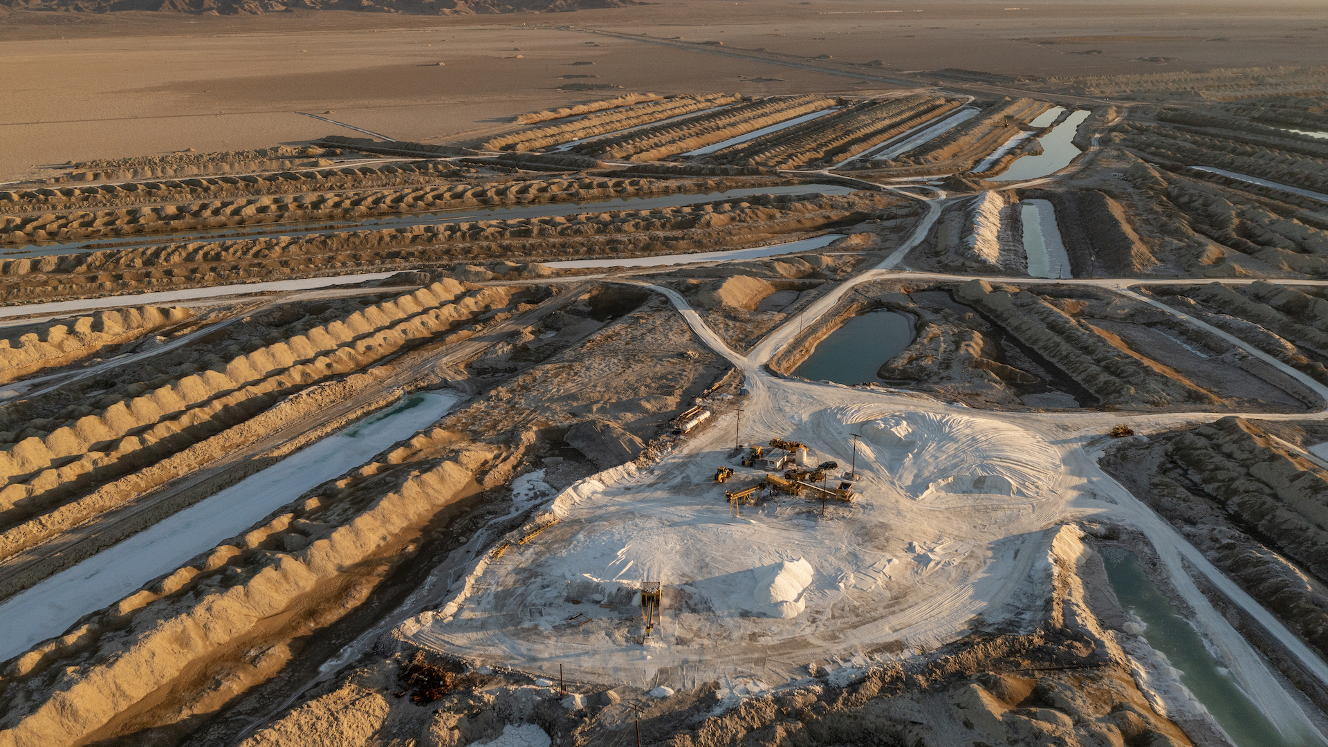 Aerial view of lithium mines in dry salt lake beds in California
