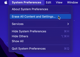 A screenshot of the system preferences menu in macOS Monterey, with the cursor over 'Erase All Content and Settings'.