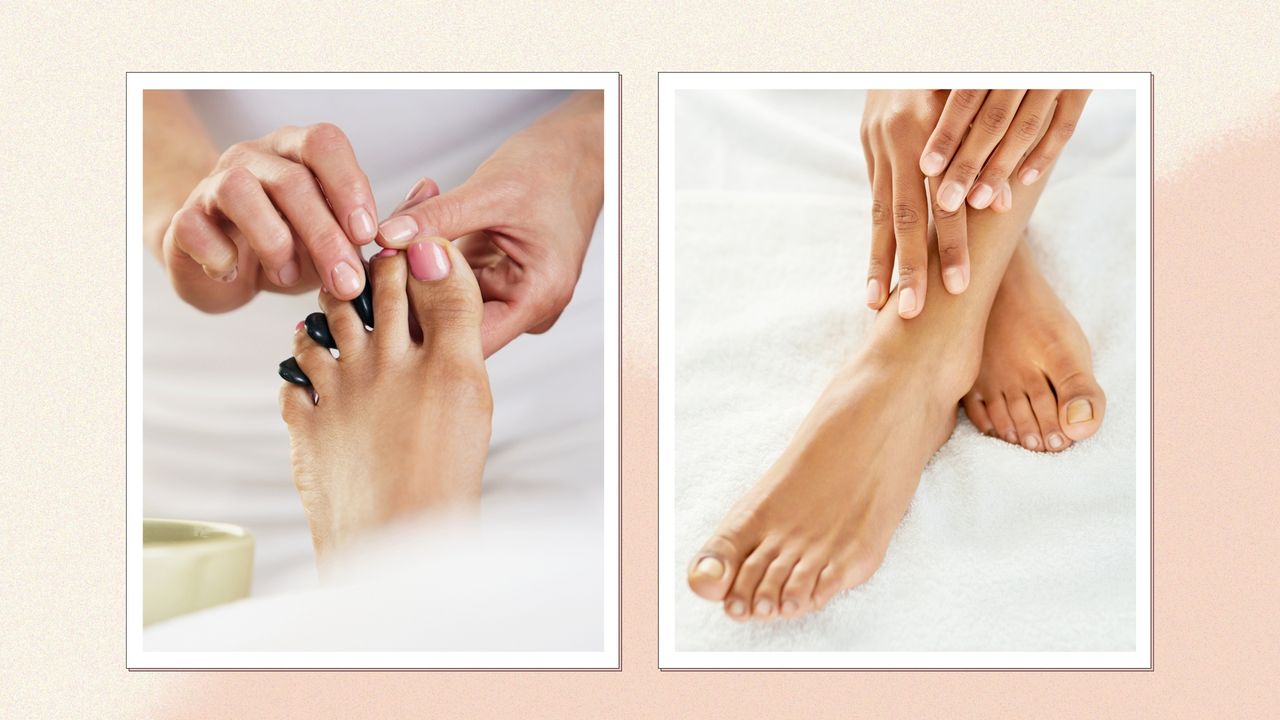 On the left, a close up of someone getting a pedicure and on the right, a pick of someone&#039;s hands and feet with a creamy nude manicure and pedicure/ in a cream and beige gradient template