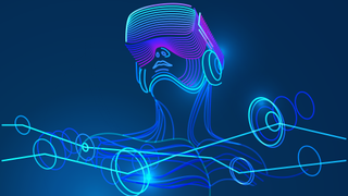 Bild einer Person, die ein VR-Headset trägt, umgeben von Kreisen