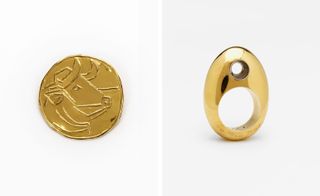 Gold pendant on left and gold ring on right