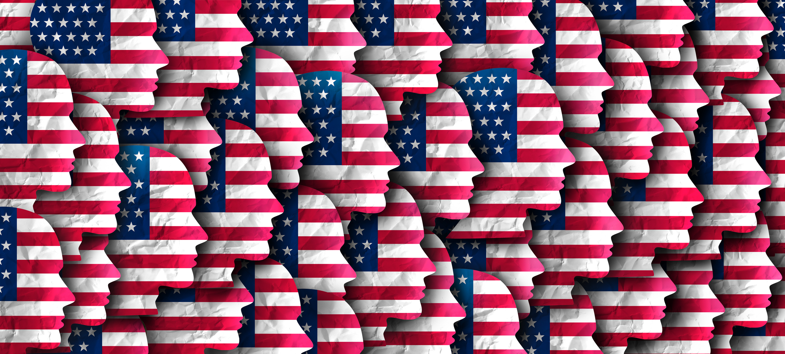 US citizens and American people or United States immigration as a border security political issue and US population as a group of Americans with the USA flag representing voters and citizenship.