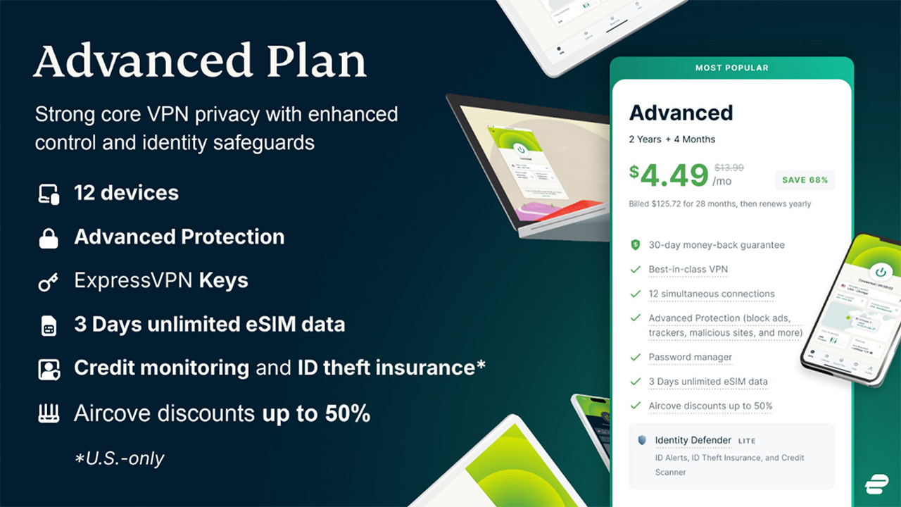 ExpressVPN Advanced plan price and feature overview, with ExpressVPN app displayed on smartphone