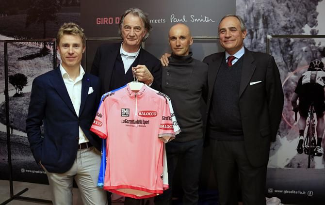 Former Giro champion Damiano Cunego, designer Paul Smith, former Giro champion Stefano Garzelli and Gazzetta dello Sport's Andre Monti (L-R) with the 2013 Giro d'Italia jerseys.