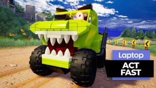 LEGO 2K Drive gameplay still of green monster truck with big teeth