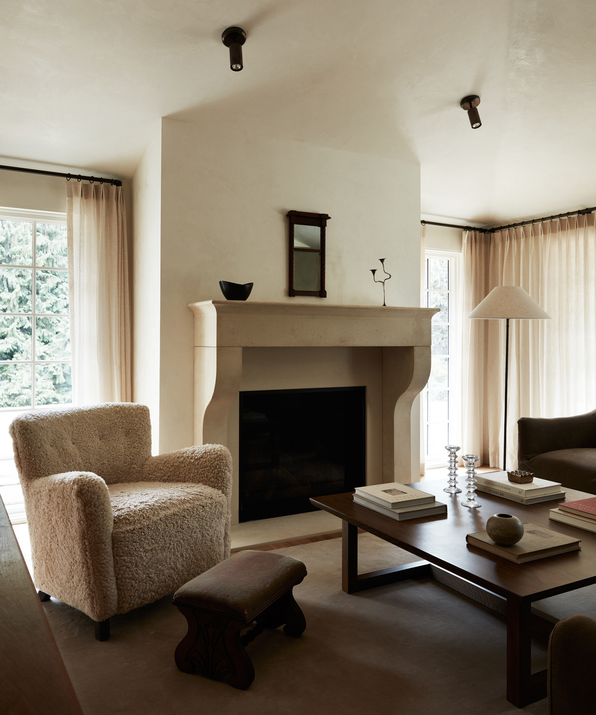 neutral living room with wood furniture