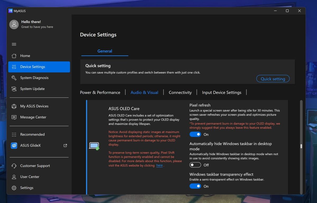 MyASUS Device Settings showing ASUS OLED Care options: Pixel refresh toggled On, auto-hide taskbar toggled Off, and taskbar transparency On.