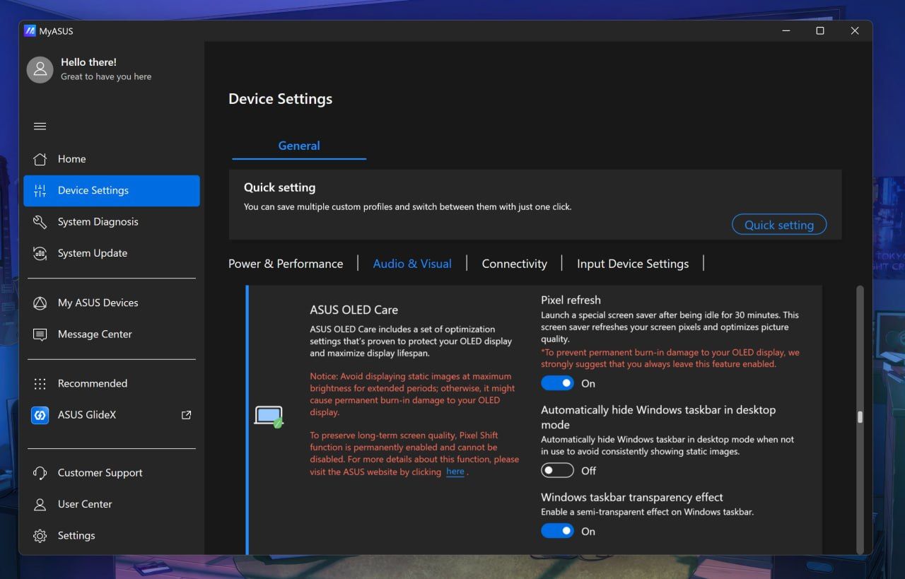 MyASUS Device Settings showing ASUS OLED Care options: Pixel refresh toggled On, auto-hide taskbar toggled Off, and taskbar transparency On.