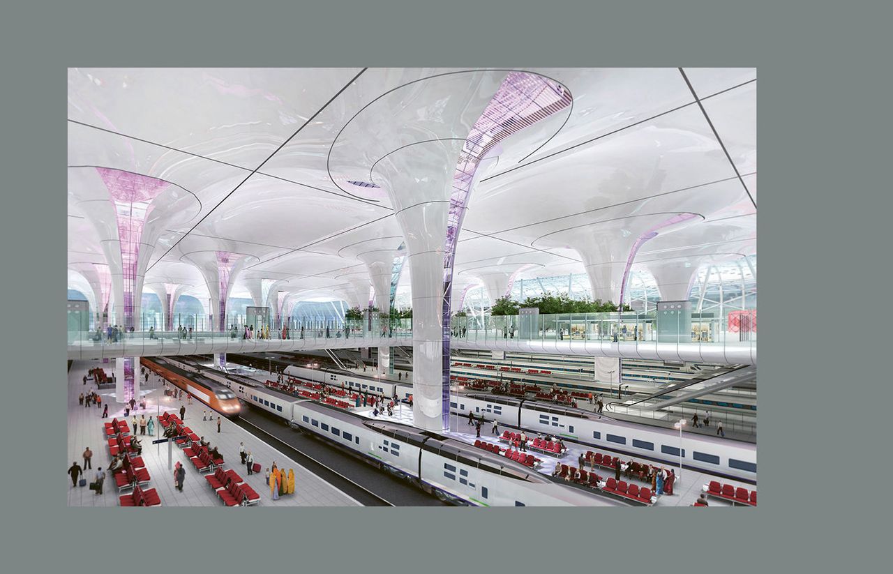 Railway station with dramatic pillars, from &#039;Station: A journey through 20th and 21st century railway architecture and design&#039;