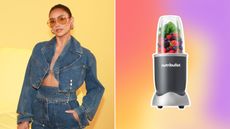 Two pictures - one of Shay Mitchell wearing a denim jumpsuit in front of a yellow background, and one of a dark gray Nutribullet with a red, yellow, and purple swirled background behind it