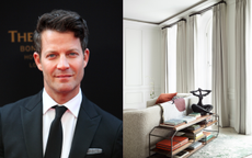 A split image with a headshot of Nate Berkus smiling at the camera, and a photo of a living room with neutral drapes