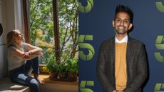 Woman sitting down next to washing machine at home in living room, opposite open door with trees outside, next to Dr Amir Khan, representing the unhealthy habits to break