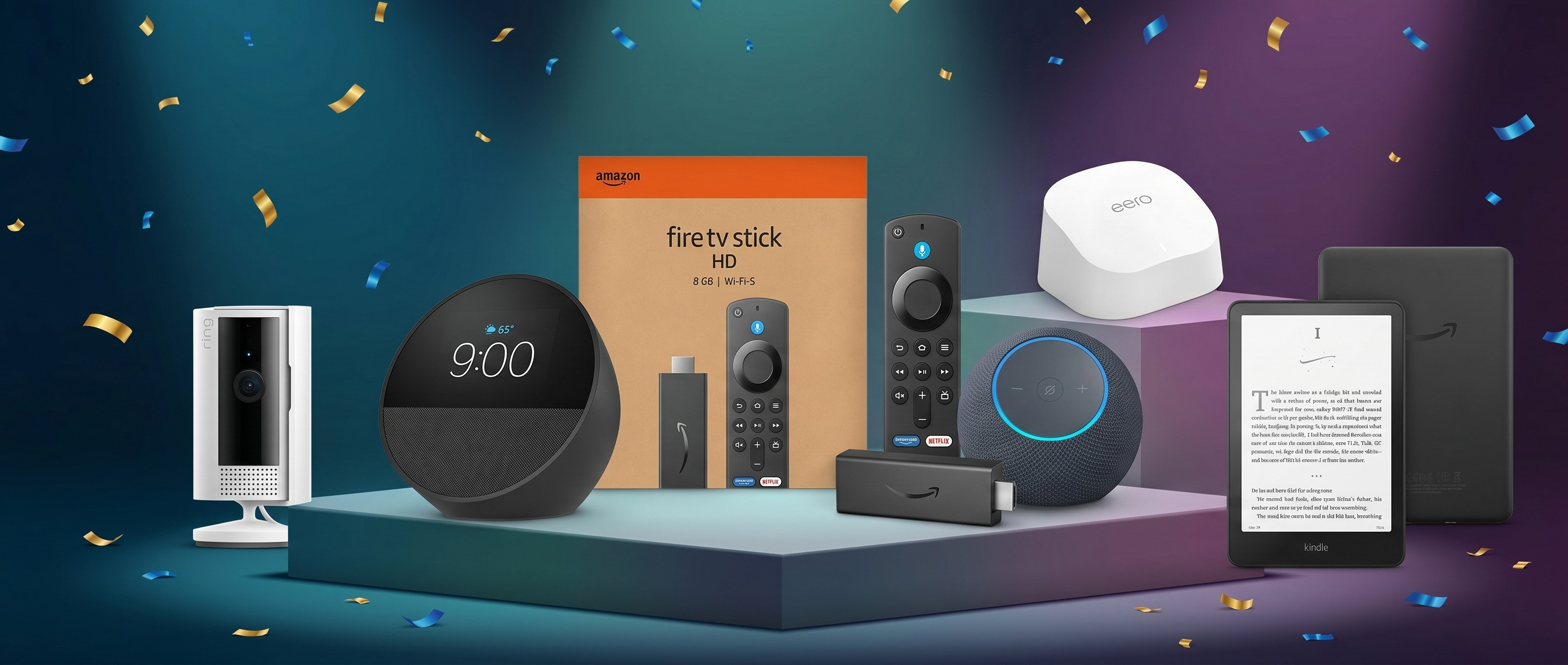 Selection of Amazon products on a podium, with confetti falling around