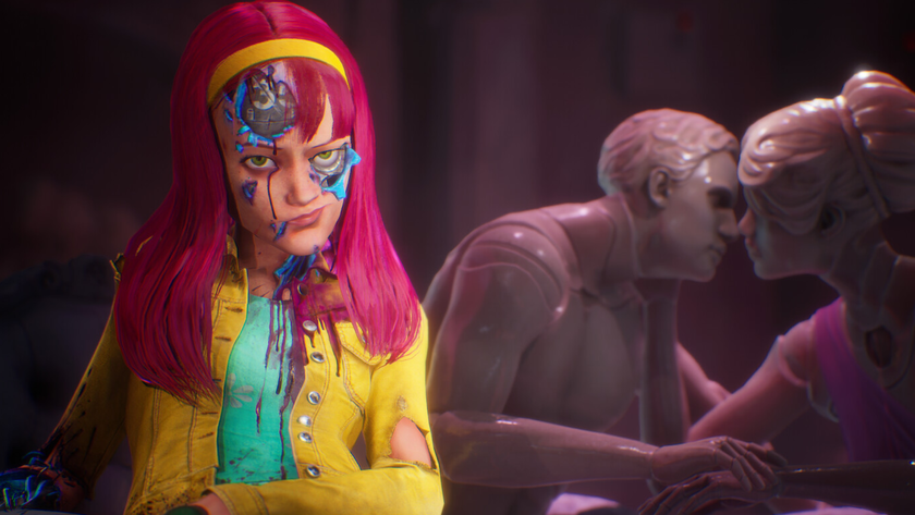 A robot girl from Judas looks skeptical, her synthetic skin peeling off to reveal metal below.