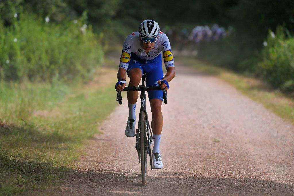 DIEST BELGIUM AUGUST 15 Jannik Steimle of Germany and Team Deceuninck QuickStep Dust Gravel Strokes during the 17th Dwars door het Hageland 2020 a 187km race from Aarschot to Diest DwarsdhHageland DDHH20 on August 15 2020 in Diest Belgium Photo by Luc ClaessenGetty Images