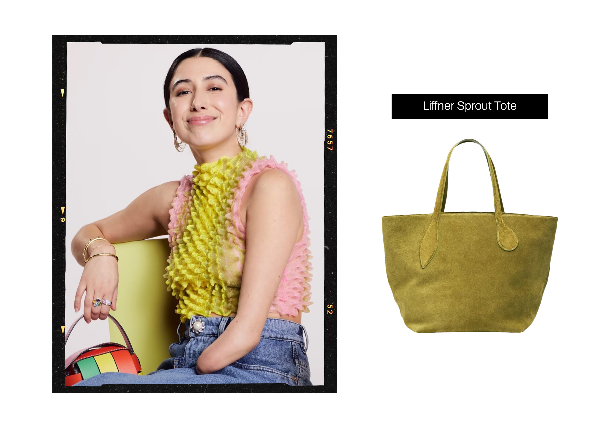 Headshot of April Lockhart within a black film frame next to a product image of a work bag