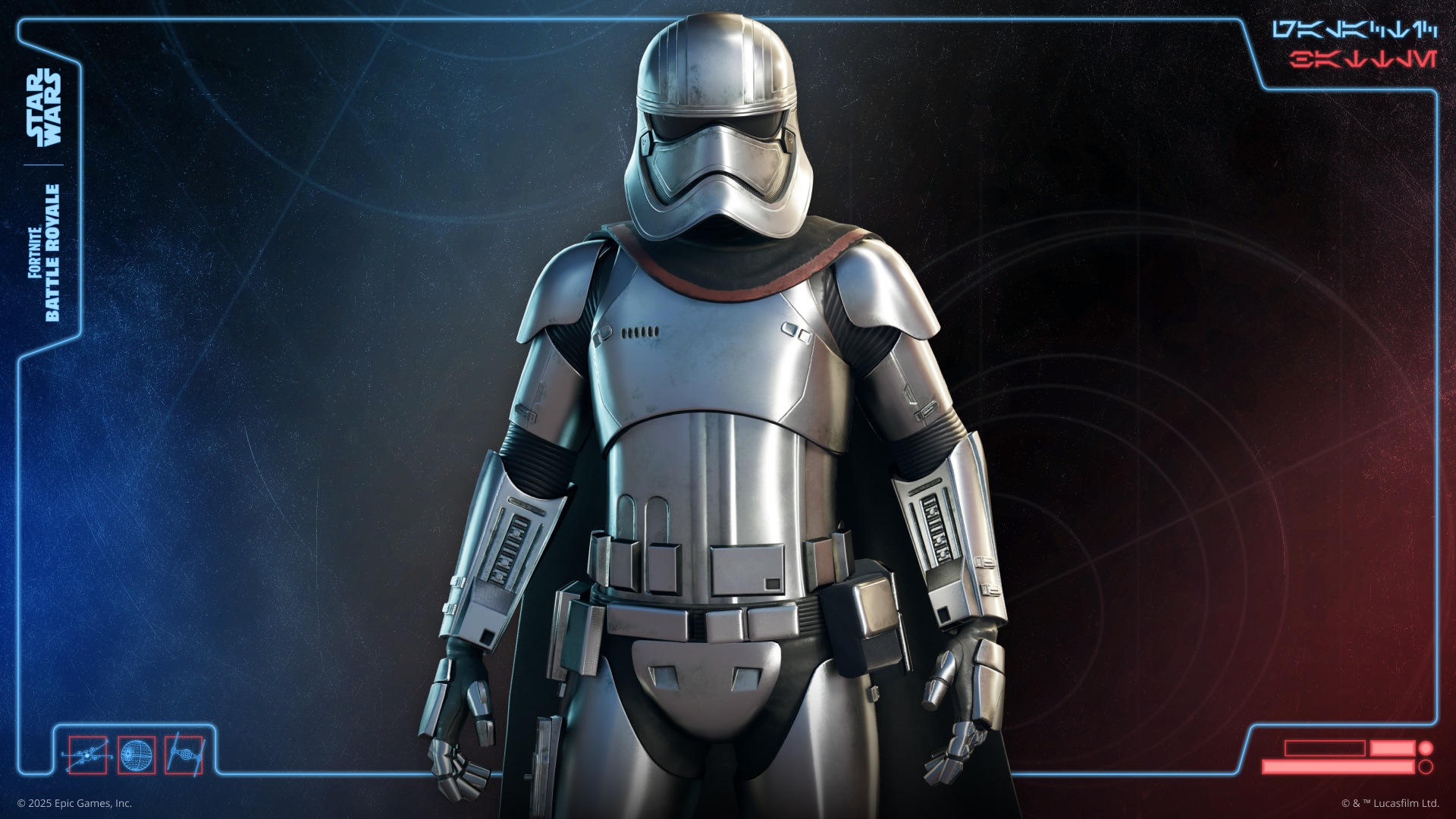 Captain Phasma stands against a red, blue and black background