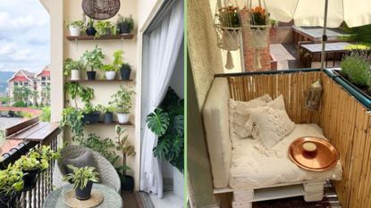 Ladder shelves on left, boho outdoor couch on right