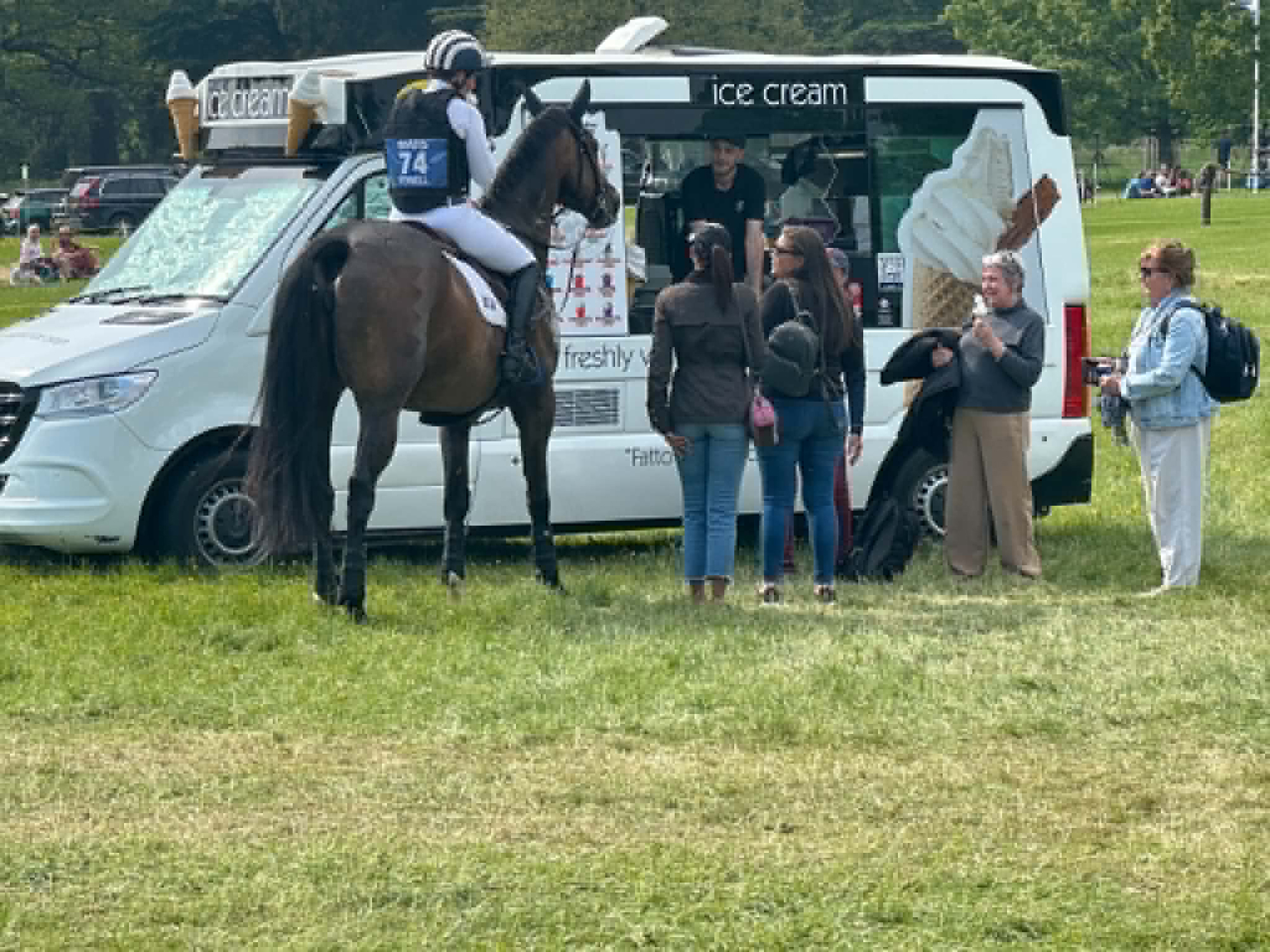 Caroline Powell gets an ice cream on the way home after retiring at Badminton 2026.