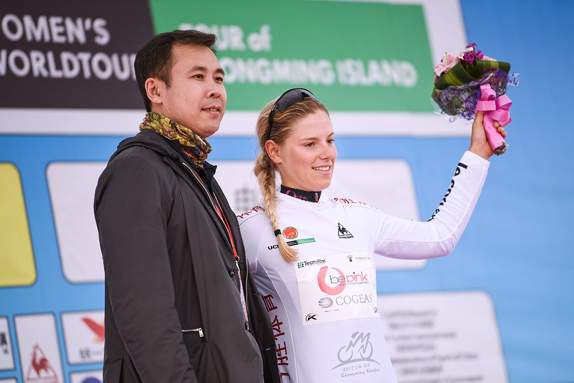 Maria Vittoria Sperotto in white after stage 2 of the Tour of Chongming Island
