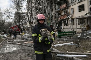 How to help animals in Ukraine—A firefighter rescues a dog after an apartment building after it was shelled in the northwestern Obolon district of Kyiv on March 14, 2022. - Two people were killed on March 14, 2022, as various neighbourhoods of the Ukraine capital Kyiv came under shelling and missile attacks, city officials said, on day 19 after the Russia's military invaded the Ukraine on February 24, 2022.
