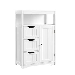 A white bathroom cabinet with drawers and shelves