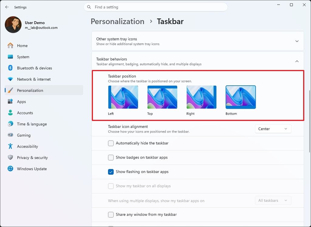 Settings for personalizing Taskbar position. Options for left, top, right, and bottom positioning are highlighted in a red box.