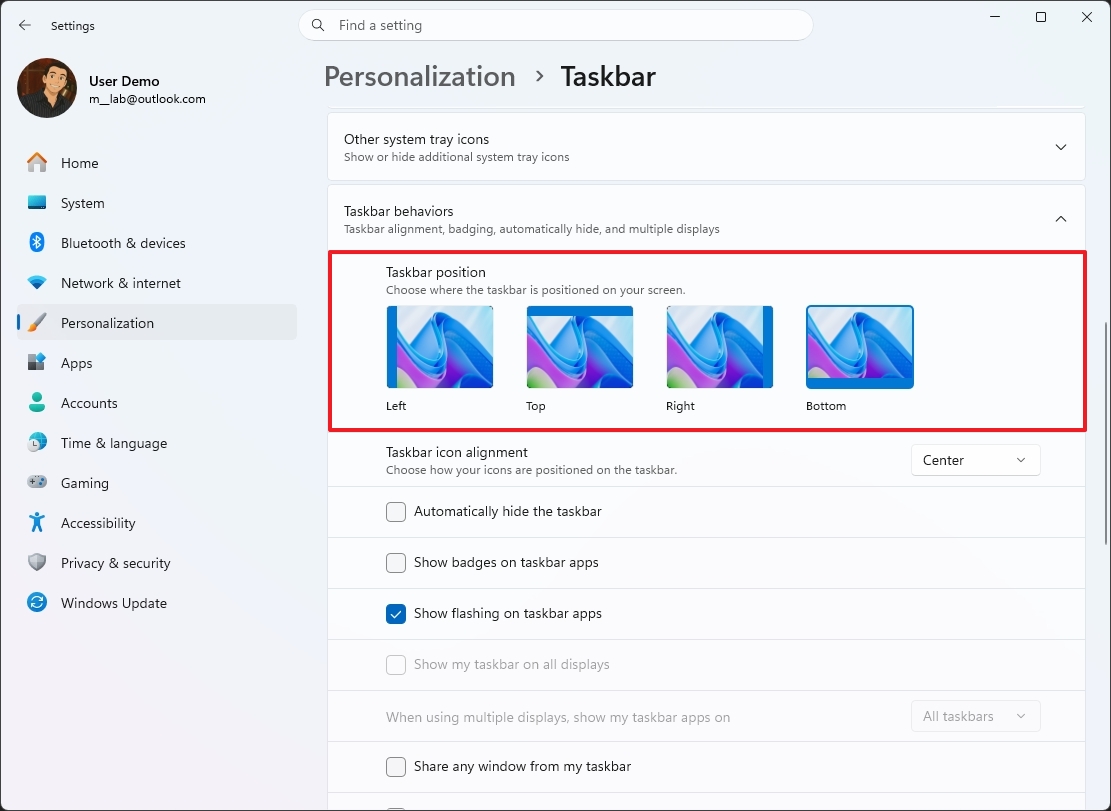 Settings for personalizing Taskbar position. Options for left, top, right, and bottom positioning are highlighted in a red box.