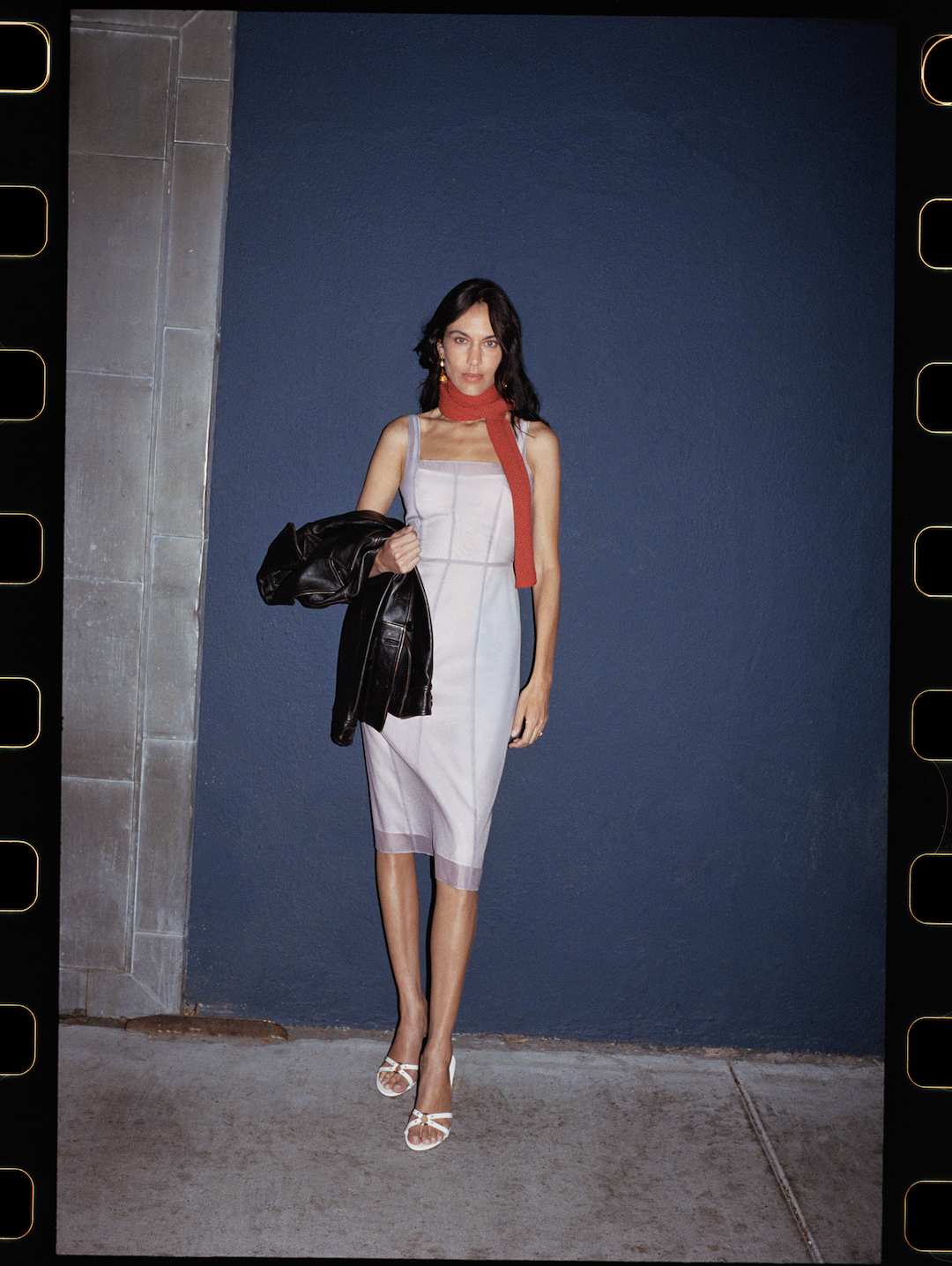 Reformation x Alexa Chung blue dress red scarf