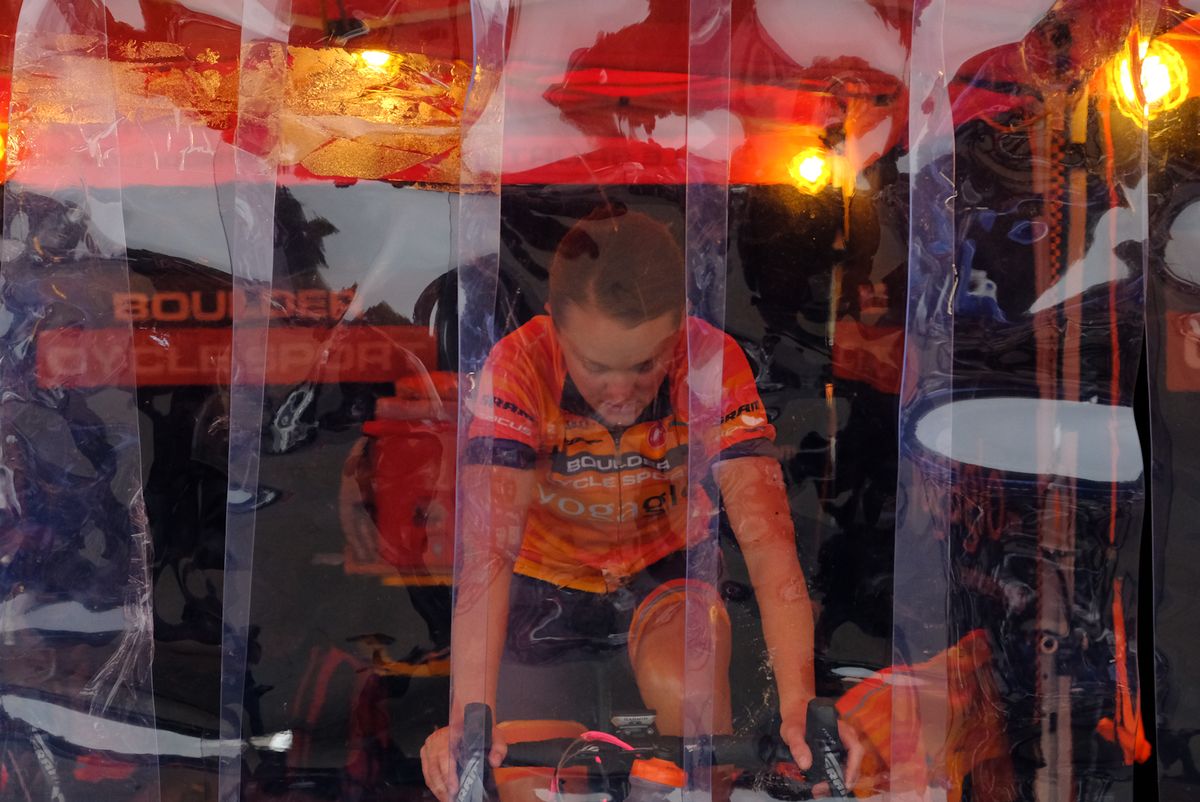 Amanda Miller (Boulder Cycle Sport) warming up in her tent