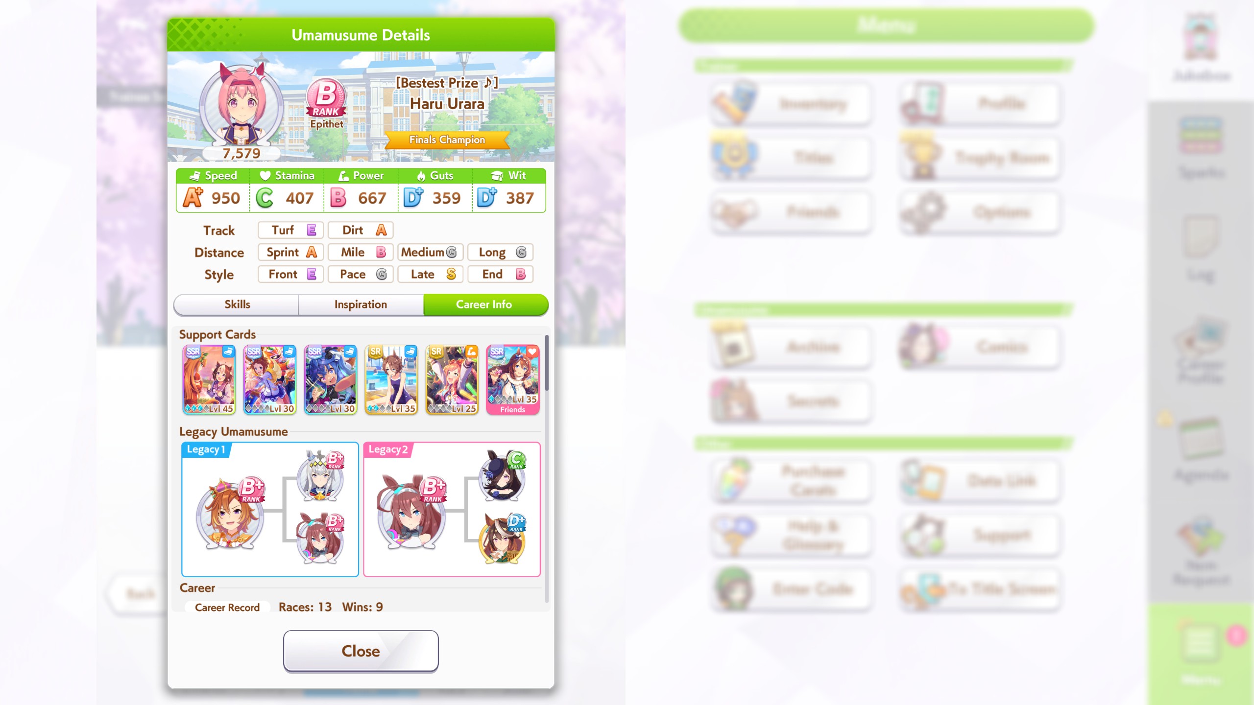 Umamusume: Pretty Derby build strategies showcasing the final stats of a horse girl who has just finished the URA Finale Finals.