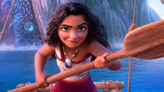 Moana holding a paddle during the upcoming movie, Moana 2.