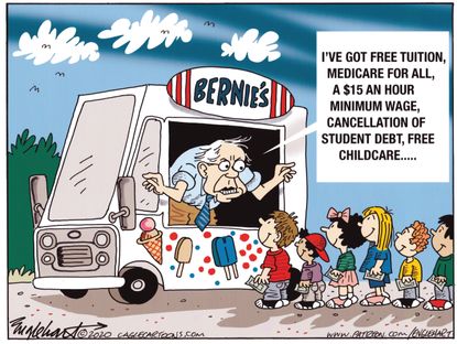 Political Cartoon U.S. Bernie Sanders Democratic Party social democrats medicare for all student debt cancellation childcare