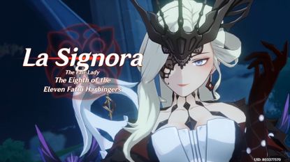 Genshin Impact screenshot of La Signora in white and red dress