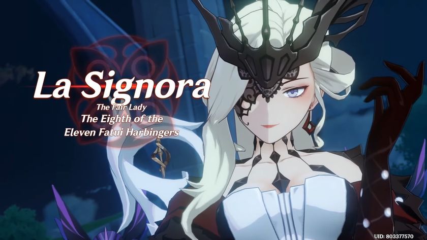 Genshin Impact screenshot of La Signora in white and red dress