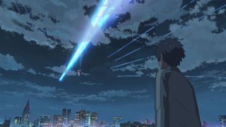 Taki watching a comet streak over the sky in Tokyo during Your Name