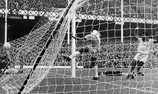 Brazil score against Bulgaria at Goodison Park in the 1966 World Cup.