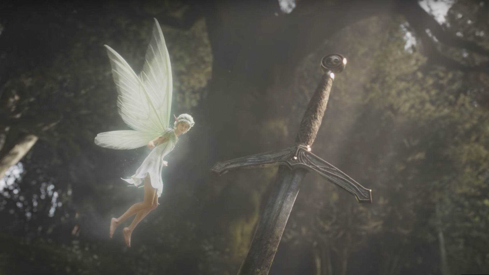 A flying fairy next to the hilt of a sword