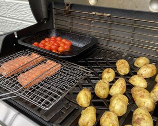 Weber Genesis II Smart Grill EX-335 3-Burner Propane Gas Grill being tested in writer's home