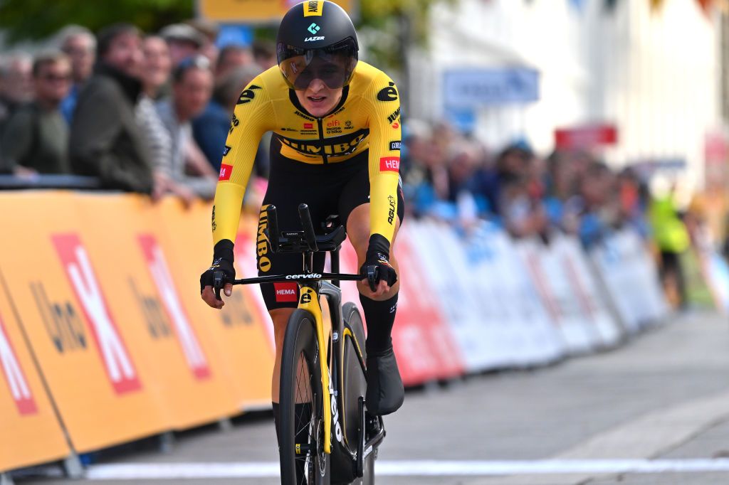 HERNING DENMARK AUGUST 26 Amber Kraak of The Netherlands and Team JumboVisma sprints during the 9th Tour of Scandinavia 2023 Battle Of The North Stage 4 a 165km individual time trial stage from Herning to Herning UCIWWT on August 26 2023 in Herning Denmark Photo by Luc ClaessenGetty Images