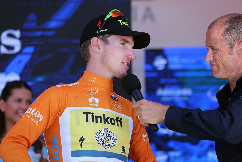 Jay McCarthy (Tinkoff) is interviewed on stage