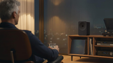 Lifestyle photo of a man in a chair looking at his hi-fi setup where there is a Samsung Music Studio speaker