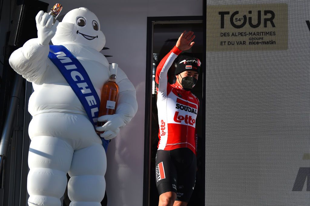 LA SEYNESURMER FRANCE FEBRUARY 18 Caleb Ewan of Australia and Team Lotto Soudal celebrates winning the stage one on the podium ceremony after the 54th Tour Des Alpes Maritimes Et Du Var 2022 Stage 1 a 176km stage from Saint Raphal to La SeynesurMer TDHV22 on February 18 2022 in La SeynesurMer France Photo by Dario BelingheriGetty Images