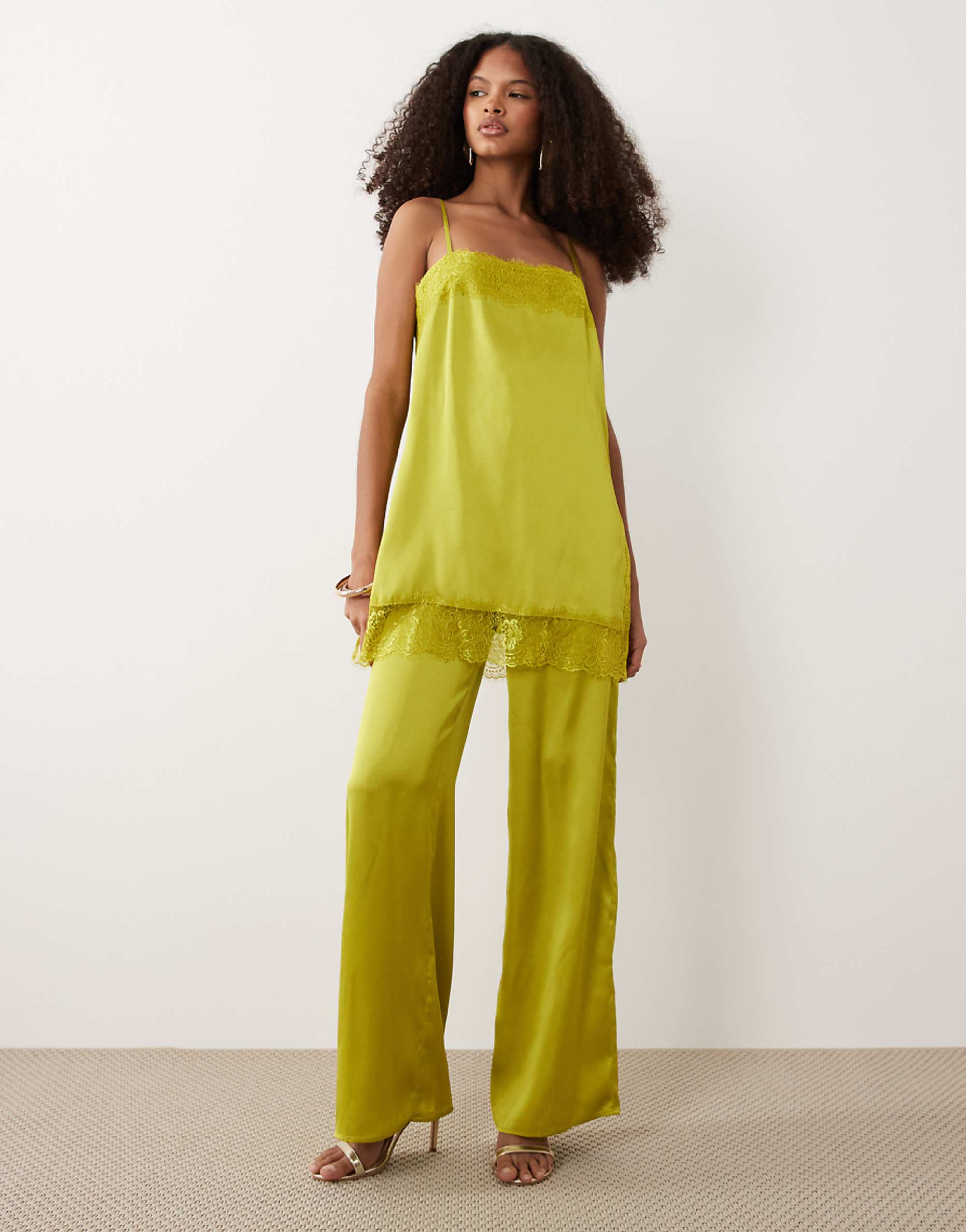 Asos Design Lace Trim Satin Cami Jumpsuit in Green